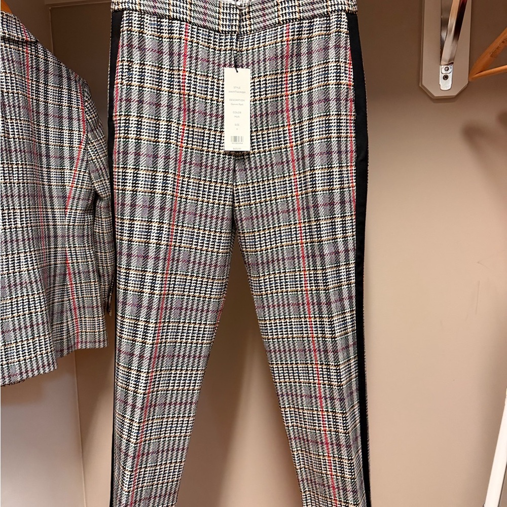 Veronica Beard Plaid Cropped Pants with Black Side Stripe - Black/Gray/Red